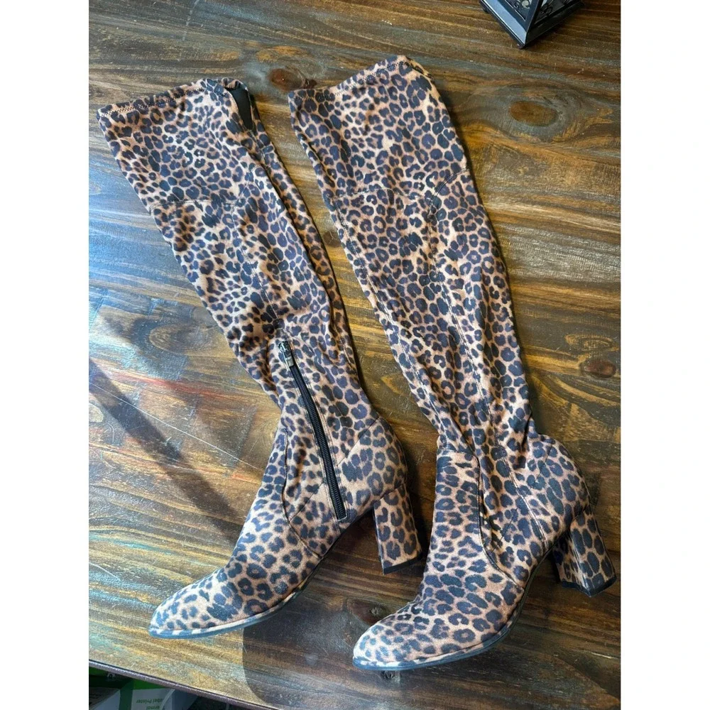 Marc Fisher‎ Leopard Print Over The Knee Block Heel Boots Brown Tan Woman's 8M
